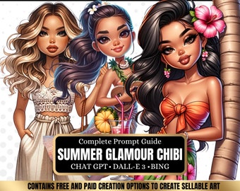 ChatGPT & DALL-E 3 AI Art Prompt Guide, 30 Summer glamour chibi Girl  Chatgpt prompts, For ebook template canva, plr, monetization guide