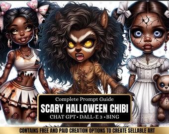 ChatGPT & DALL-E 3 AI Art Prompt Guide, 30 Scary Halloween African American Chibi Girl  Chatgpt prompts, For ebook template canva, plr,