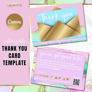 Plantilla de tarjeta de agradecimiento Canva: tarjeta de agradecimiento con pedido en dorado; marca para pequeñas empresas; plantilla de vale de regalo; ágata arcoíris y dorado