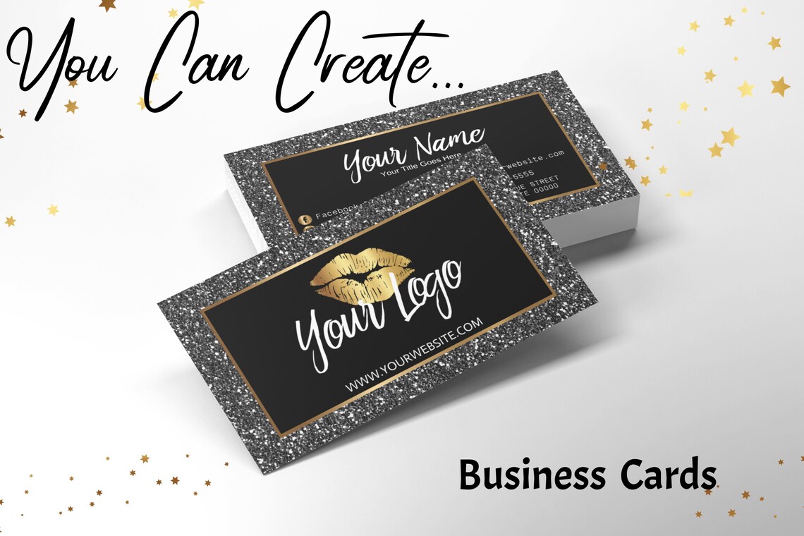DIY Black Glitter Business Cards. Canva Template. Gold Etsy