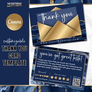 Plantilla de tarjeta de agradecimiento Canva - Tarjeta de agradecimiento por pedido dorada - Marca para pequeñas empresas - Plantilla de vale de regalo - Ágata azul marino y dorado