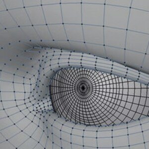 Puede incluir: Primer plano de un modelo 3D detallado de un ojo humano, renderizado en un estilo de alambre. El ojo se muestra con un iris y una pupila detallados, así como los párpados y las pestañas circundantes.