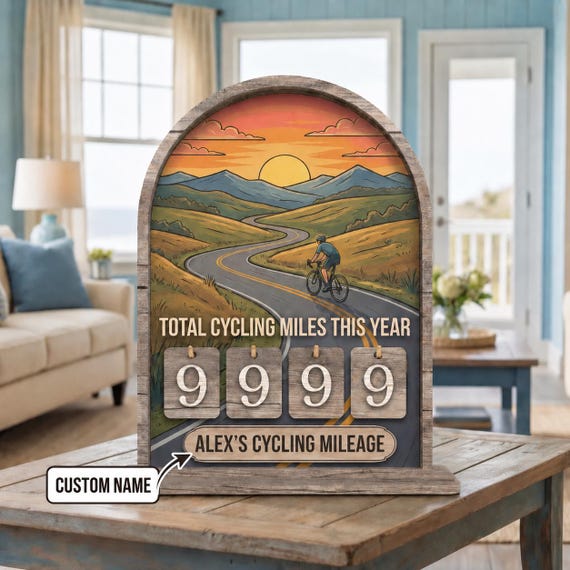 Personalized Cycling Mileage Tracker, Custom Bike Miles Counter Gift for Cyclists, Wooden Cycling Decor