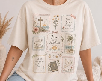 Chemise Jesus Is My Sunshine, t-shirt patchwork chrétien tendance, chemise couleurs confort bohème, t-shirt graphique chrétien côtier