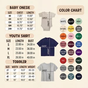 May include: A product size chart for baby onesies, youth shirts, and toddler shirts. The chart includes measurements in inches for chest, length, width, and weight, along with a color chart featuring various hues like black, navy, and heather mauve.