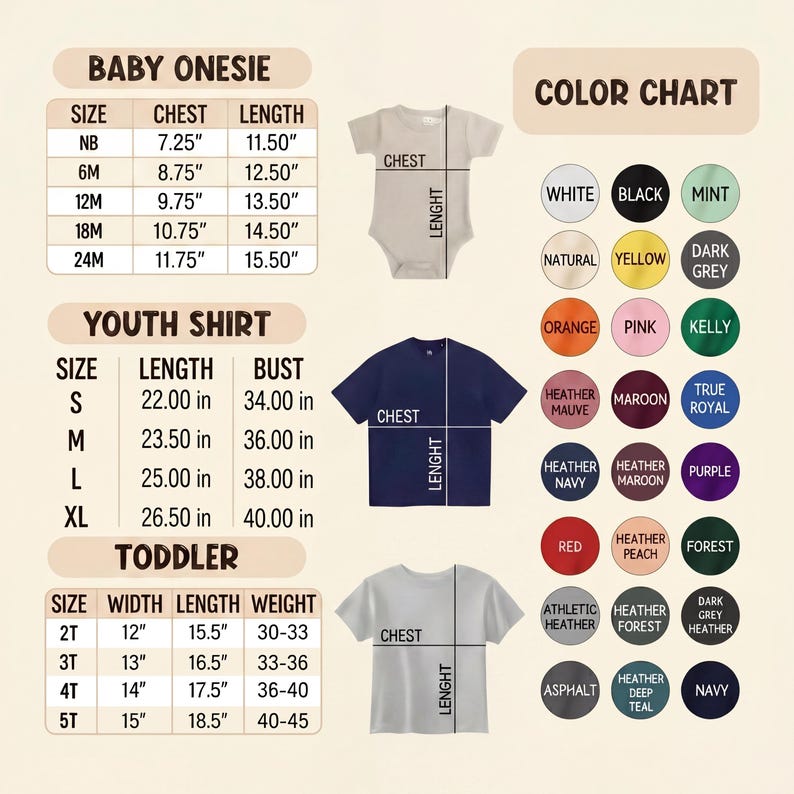 May include: A product size chart for baby onesies, youth shirts, and toddler shirts. The chart includes measurements in inches for chest, length, width, and weight, along with a color chart featuring various hues like black, navy, and heather mauve.