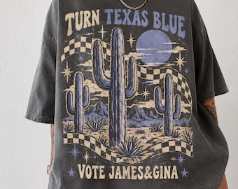 Turn Texas Blue Comfort Colors Shirt, Texas Voting Graphic Tee, Retro Desert Cactus Political Statement T-Shirt, Texas Election Shirt