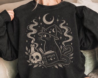 Black Cat Sweatshirt, Vintage Witch Kitty Graphic Sweatshirt, Spell Book and Spooky Feline, Gothic Graphic Tee, Cat Lover Halloween Gift