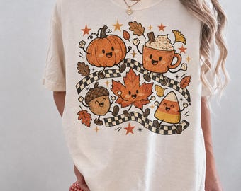 Cute Fall Characters Comfort Colors Shirt, Retro Pumpkin Spice Latte Tee, Kawaii Autumn, Cozy Thanksgiving Shirt, Fall Gift for Women