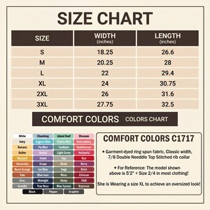 May include: A size chart for t-shirts, displaying sizes S to 3XL with corresponding width and length measurements in inches. Includes a color chart with various shades and a description of the fabric and fit.