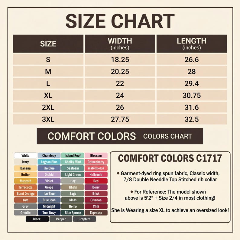 May include: A size chart for t-shirts, displaying sizes S to 3XL with corresponding width and length measurements in inches. Includes a color chart with various shades and a description of the fabric and fit.