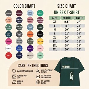 May include: A color chart and size chart for a unisex t-shirt. The color chart displays various colors like Asphalt, Maroon, and Light Blue. The size chart shows measurements in inches for sizes XS to 4XL. Care instructions are also included.