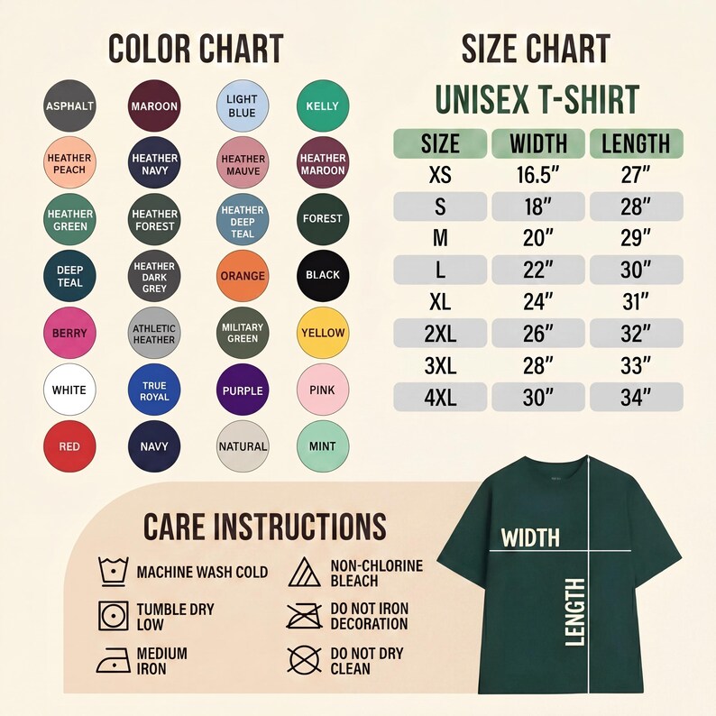May include: A color chart and size chart for a unisex t-shirt. The color chart displays various colors like Asphalt, Maroon, and Light Blue. The size chart shows measurements in inches for sizes XS to 4XL. Care instructions are also included.