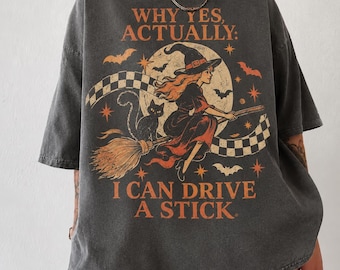 Funny Halloween Shirt Comfort Colors Retro, Witch Driving Stick Vintage Tee, Women's Halloween Party 90s Tee, Witch Tee, Spooky Party Shirt