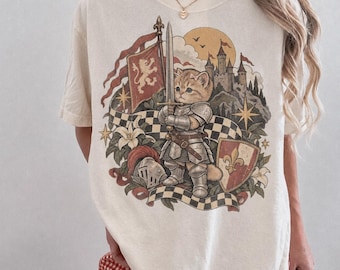 Medieval Knight Kitten Comfort Colors Shirt, Cute Fantasy Cat Tee, Whimsical Cat Graphic T-Shirt, Renaissance Style Cat Lover Gift