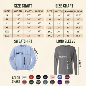 May include: A size chart for sweatshirts and long-sleeve shirts, with measurements in inches for width, length, and sleeve length. The color chart includes options like white, red, black, navy, and pink.