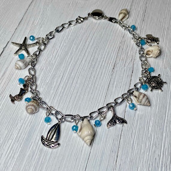 Anklet Ankle Bracelet Compass Charm Blue Beads Adjustable Length Sterling Silver Anklet Ankle Bracelet Compass Charm Blue Beads Adjustable Length Sterling Silver