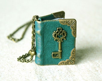 Book Necklace, Handmade Book jewelry, mini book pendant with key
