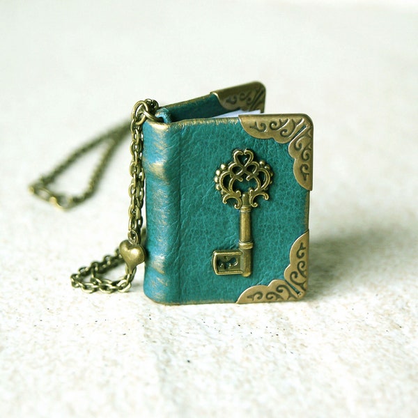 Book Necklace, Handmade Book jewelry, mini book pendant with key