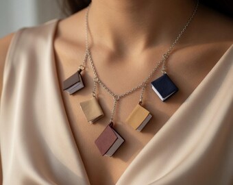 5 Mini Leather Books on a Chain Necklace - Custom Color Options,  Book lover gift