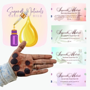 Può includere: Immagine con oli essenziali con il testo "Sugandh Naturals". L'immagine mostra una mano con disegni all'henné, una bottiglia e una grande goccia di olio. Ulteriori etichette mostrano oli essenziali "Sugandh Mehndi", tra cui miscelato, eucalipto, teatree e lavanda.