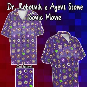 May include: Purple button-down shirt with a repeating pattern of Sonic the Hedgehog movie characters and icons. The shirt features a white collar and the text "Dr. Robotnik x Agent Stone Sonic Movie" and "STOBOTNIK SHIRT".