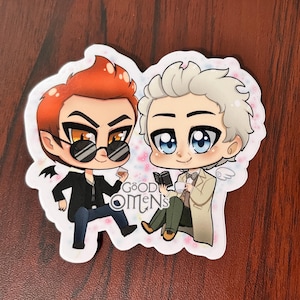 Crowley & Aziraphale Chibi Good Omens Waterproof Weatherproof 4 inch Sticker