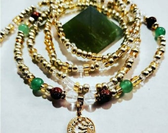 Goldstone Waist Beads, Green Aventurine, Crystal Quartz, Sun Moon Charm