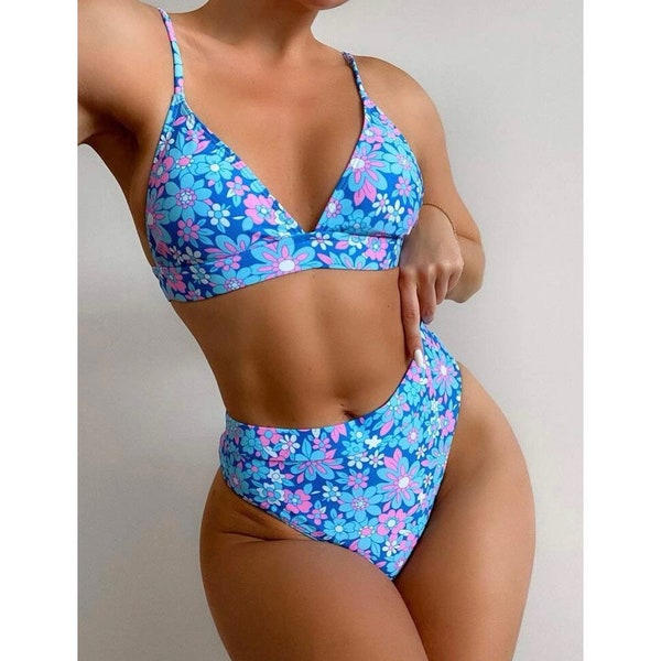 New Groovy Retro 70s Blue Floral Flowers Bikini Swimsuit High Waisted Two Piece Summer