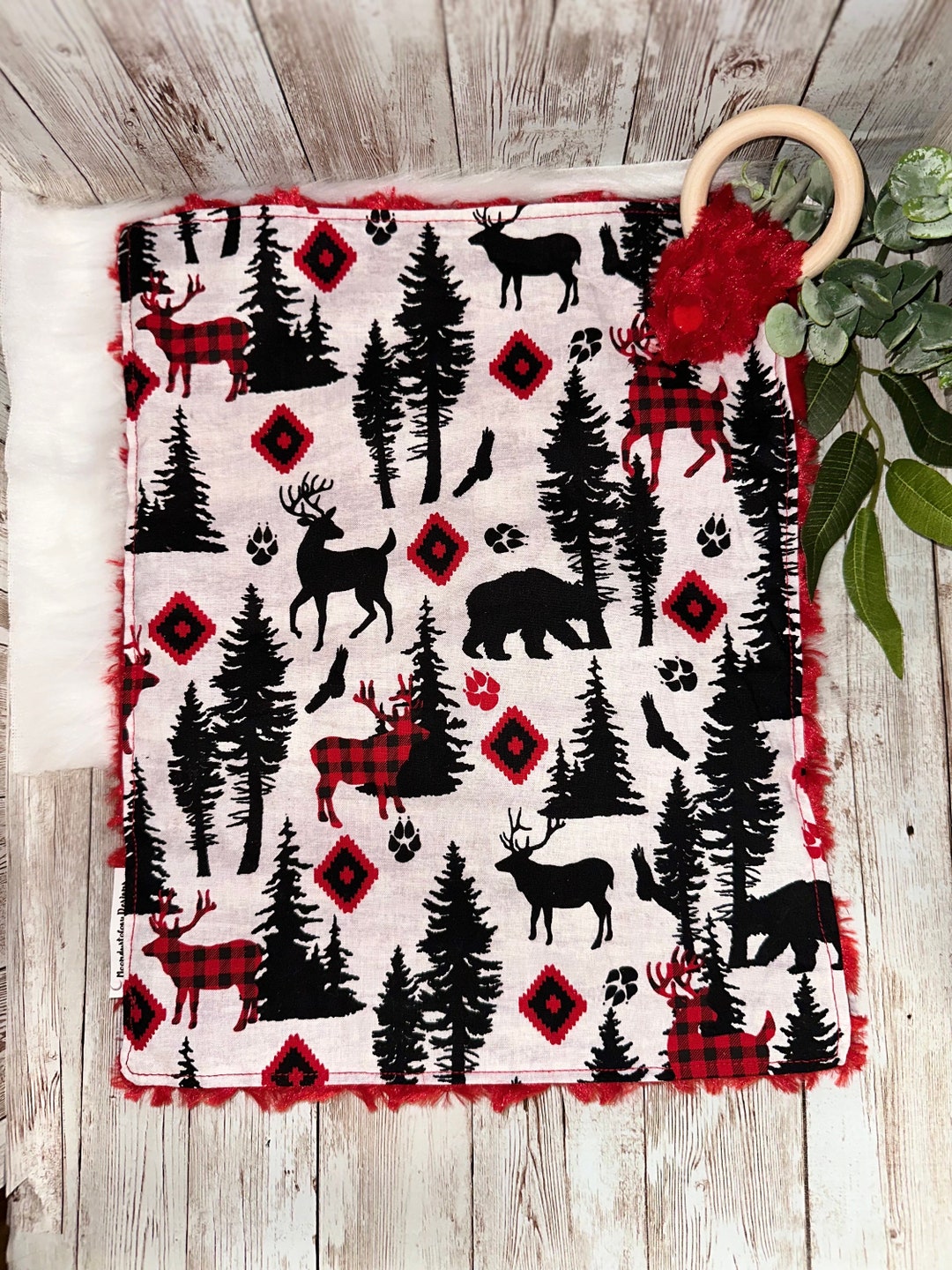 Forest Lovey Blanket With Wooden Teether Ring Rustic Woods Etsy