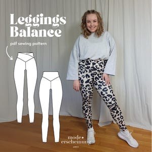 Könnte beinhalten: Ein Schnittmuster für Leggings namens "Leggings Balance" mit weißem Hintergrund und schwarzem Text. Auf der linken Seite des Bildes sind zwei Illustrationen der Leggings zu sehen. Das Bild zeigt auch eine Person, die eine Leggings mit Leopardenmuster trägt.