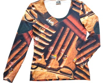 Vintage Ivano Boni Long Sleeve Skinny Top With Cigar Print M y2k 1990s