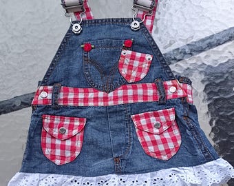 Authentic Vintage D&G Junior Denim Baby Dress, Red Gingham Eyelet Pinafore (3-6 Months)