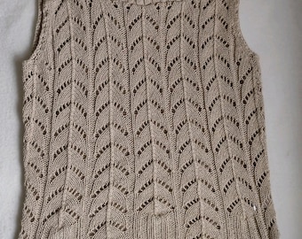 Y2K Crochet Knit Vest Beige Gold Metallic Thread Sleeveless Sweater Top Size 14 Boho Knitwear