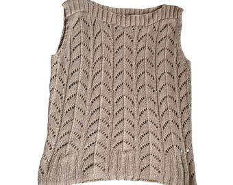 Y2K Crochet Knit Vest: Beige Gold Threads, Size USA 14