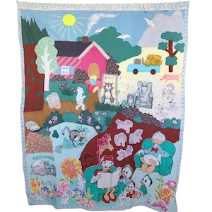 Manta para bebé y niño con bordado hecho a mano, patchwork, dibujos animados MLP, Disney, reciclada y reelaborada.