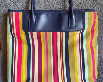 VTG Ois Bucket Tote Bag Blue Multicolor Stripe Canvas Zip Top Small Size