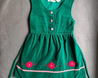 Vintage Alyssa Girl's dress size 6 sleeveless Green Velvet red flowers retro 1990