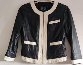 Vintage Jofama Sweden Real Leather Jacket Size 34 Black Cream Colourblock