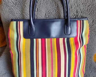 Vintage Ois Bucket Tote Bag Navy Leather Handles Multicolor Stripe Canvas Small Zip Top Handbag
