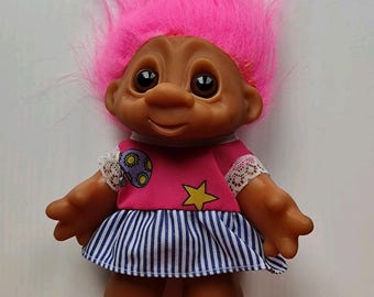 Vintage Thomas Dam Troll Doll Pink Hair Dress 1980s Made In Denmark 7"