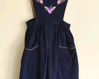 Girls' Navy Embroidered Wool Blend Dress - Vintage Apron Style (126cm)