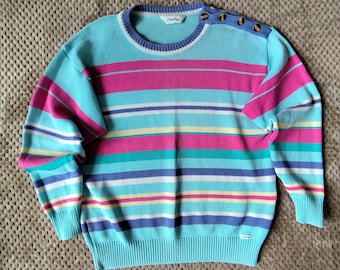 Vintage Austrian Striped Knit Jumper Sweater H48 Fits M | 80s/90s Retro Pastel Rainbow Pullover
