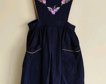 Girls' Navy Embroidered Wool Blend Dress - Vintage Apron Style (126cm)