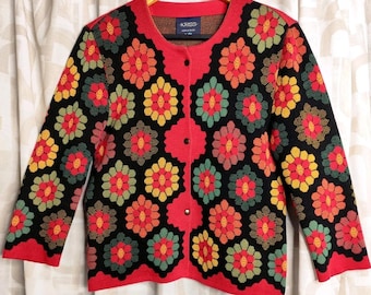 KRISS Sweden 3/4 Sleeves Cardigan Sweater, Sz S Colorful Geometric Pattern VTG y2k 90s