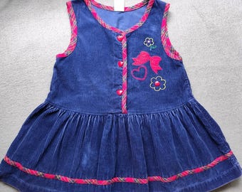 Vintage Girls Corduroy Flower Applique Heart Buttons Blue Dress Size 3T 1997