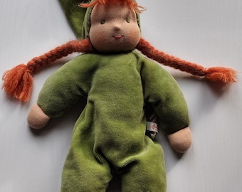 Kathe Kruse doll Waldorf Schatzi green sweetheart velour body 14" cloth rag vintage