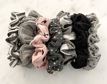 Bamboo Scrunchies, Hair Scrunchies for Women, Scrunchy Hair Ties, Grey Black Scrunchie, Handmade in Canada