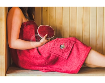 Falda escocesa roja para sauna de mujer - Toalla de spa 100% algodón / Regalo de bienestar Banya para ella