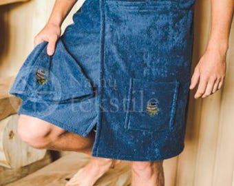 Falda escocesa de sauna azul oscuro para hombre - Toalla tipo pareo azul marino para spa - Sarong Banya 100% algodón